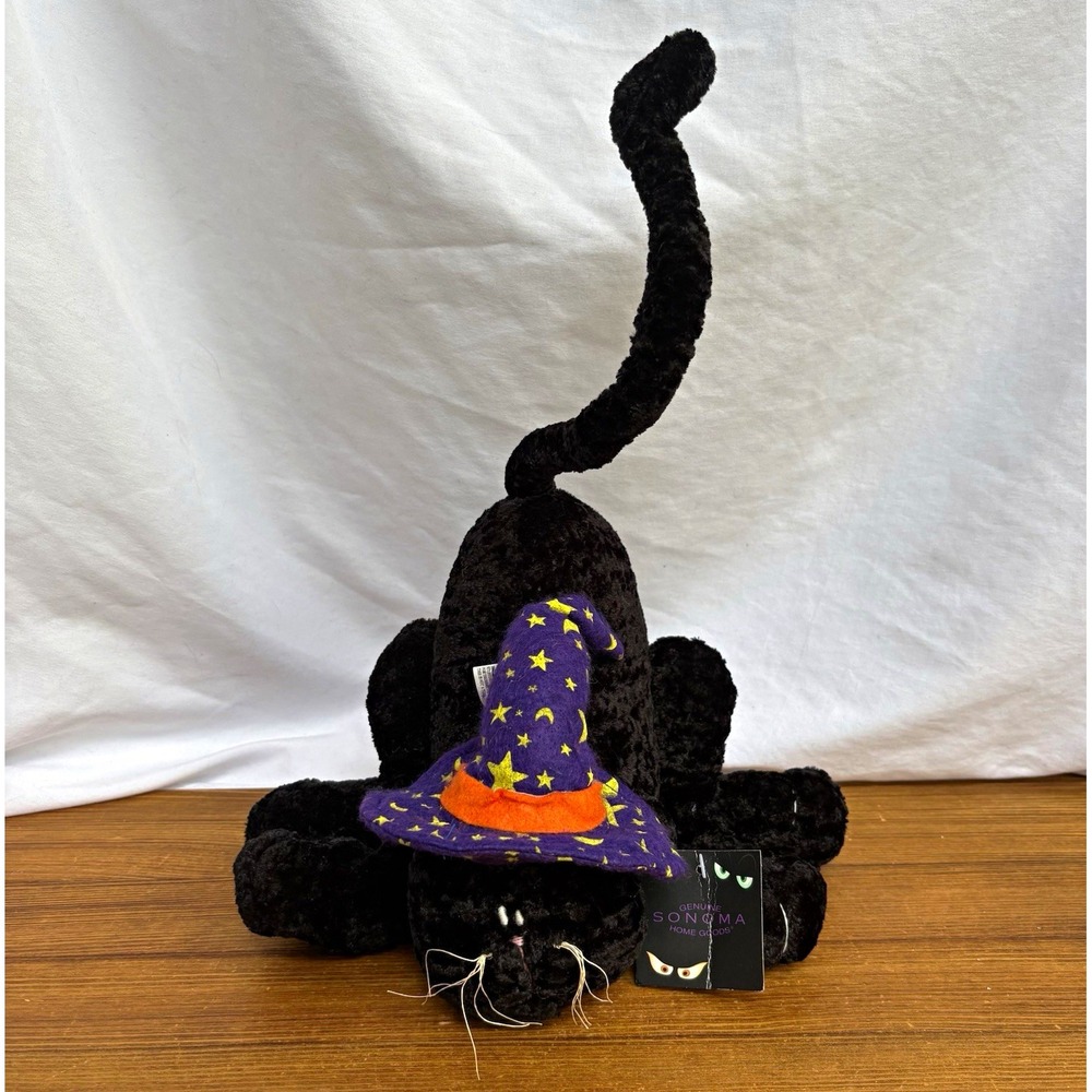 Sonoma Black Cat Plush Halloween Decoration Posable Tail Purple Witch Hat w/ Tag